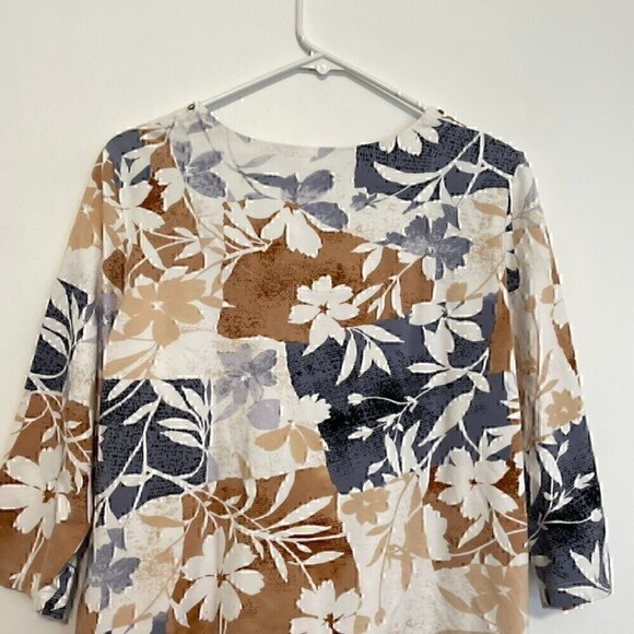 ALFRED DUNNER White Brown Tan Gray ? Floral Patchwork Studded 3/4 Sleeve Blouse - Picture 12 of 13